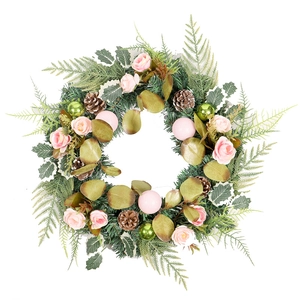 Christmas wreath with pink roses, pine cones and decorative ornaments for front door