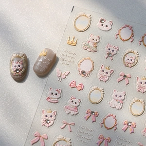 3D embossed nail art stickers featuring white cats, pink bows, and crown designs