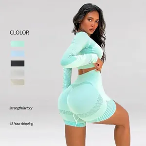 Ensemble de Yoga Sans Couture Femmes Haut à Manches Longues Top And Bottom Short de Fitness Taille Haute Nylon Élasthanne