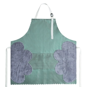 Waterproof green striped kitchen apron with adjustable neck and side hand-wipe towels