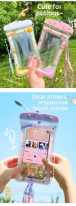 Detail of waterproof phone pouches with cartoon prints, secure locks and touchable screens