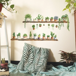Watercolor wooden shelf with succulent plants wall sticker for home decoration