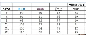 Detailed size chart for long sleeve blazer jacket with bust and shoulder measurements