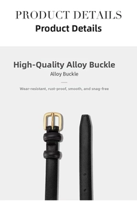 Minimalist black slim women belt with alloy buckle, elegant dress waist accessory.