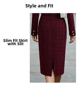 Detail of wine red tweed slim midi skirt featuring elegant back slit and texture