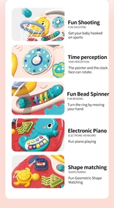 Detail view of baby walker activities including mini basketball, clock, and piano keys