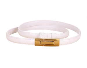 Detail of slim white faux leather belt with a golden rectangular buckle for dresses