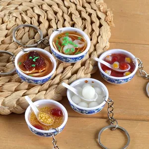 Miniature Simulation Food Keychain Blue And White Porcelain Bowl Ramen Dessert Resin Model Dollhouse Accessory Bag Charm