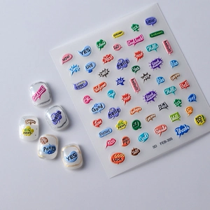Colorful 5D embossed nail art stickers with social media word bubbles and text