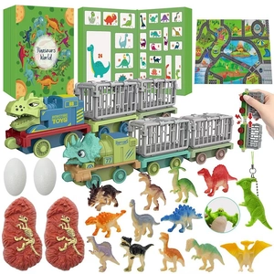 Detailed view of Christmas advent calendar with dinosaur toys, trains, and game mat