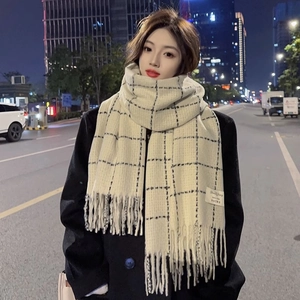 Minimalist beige checkered knit scarf with tassels and woven label on a winter street