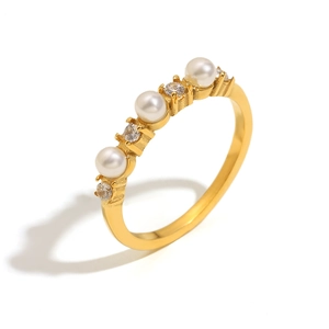 Minimalist 18K gold plated stainless steel ring with white pearls and zircon stones