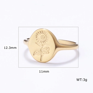 Detailed view of golden sunflower ring dimensions with 12.3mm length and 11mm width measurements