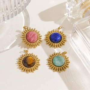 Pendentifs Soleil Charms Pierre Naturelle Incrustée Acier Inoxydable Plaqué Or 14K Vintage Français Accessoires Bijoux DIY