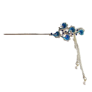 Vintage style hair stick with blue clouds design and hanging faux pearl tassels