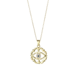 Golden Turkish Evil Eye necklace featuring blue zircon stones and sparkling crystals