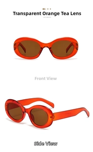 Detail view of transparent orange retro oval sunglasses from front and side angles