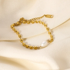 Fashion Freshwater Pearl Bracelet Stainless Steel Gold Plated Minimalist Beaded Adjustable Chain Jewelry For Women