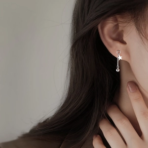 Elegant silver tassel star and bead drop earrings in polished titanium steel for women