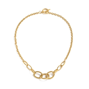 Elegant gold-tone stainless steel link necklace with interlocking rings and T-bar toggle clasp