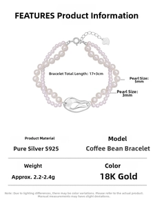 Dettaglio del bracciale a chicco di caffè in argento 925 con perle di conchiglia 3mm/5mm