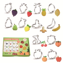 Set of 12 stainless steel fruit-shaped cookie cutters with green packaging box