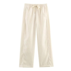 Pantaloni larghi donna a vita alta bianco crema con coulisse elastica in vista piatta