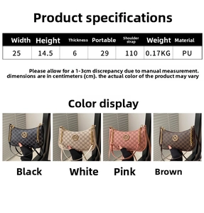 Detailed size specifications for women's monogram shoulder bag with 25cm width