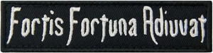 Detailed embroidery of Fortis Fortuna Adiuvat tactical patch with black background
