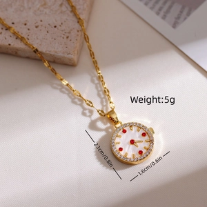 Creative gold clock pendant necklace with white zircons and red gemstone dial accents