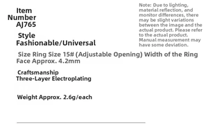 Size specifications for adjustable colorful enamel ring showing 4.2mm width and plating info