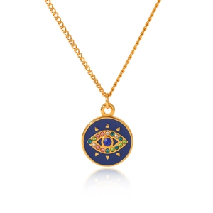 Macro detail of gold Evil Eye necklace featuring colorful rhinestones on a blue base