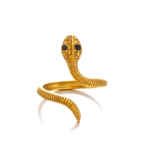 Anello a serpente minimalista in acciaio inossidabile dorato con occhi neri e squame