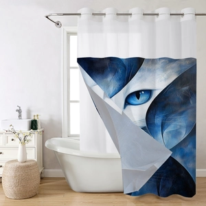 Modern waffle weave shower curtain with blue cat eye art print in a bright bathroom