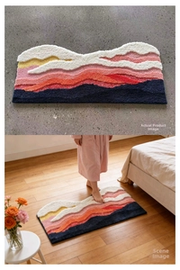 Detail view of 3D tufted bath mat with colorful mountain pattern in bedroom and floor scenes