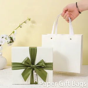 Minimalist Solid Color Gift Paper Bag With Ribbon Handle And Metal Rivets For Wedding Birthday Party Festival