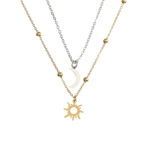 Double layer gold sun and silver moon pendant necklace with delicate bead chains for women