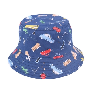 Detail of dark blue cotton kids bucket hat with colorful cartoon vehicles and traffic signs