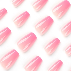 Glossy pink ombre press on nails in medium coffin shape with smooth color transition