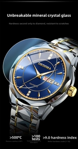 Detail of high-hardness mineral glass on luxury blue dial men's steel watch