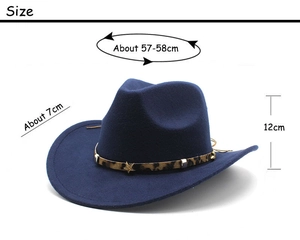 Detailed size chart for blue wool fedora with leopard print band and gold star charm