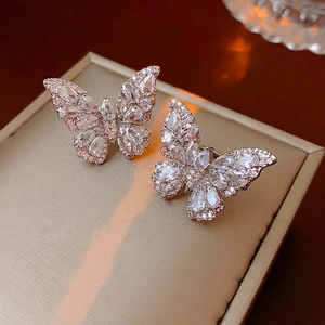 Elegant zircon butterfly stud earrings with silver plating and shimmering crystal stones