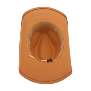 Detail view of the wide brim felt cowboy hat interior with sweatband and adjustable drawstring