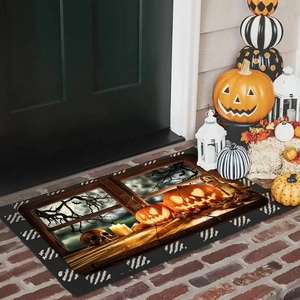 Detail showing Halloween diatomaceous earth mat with glowing pumpkin and bat patterns