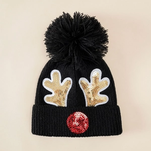 Kids black knit Christmas hat with gold sequin reindeer antlers and a fluffy pom-pom