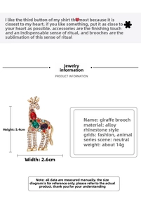 Detailed size specifications for the colorful rhinestone giraffe brooch in alloy