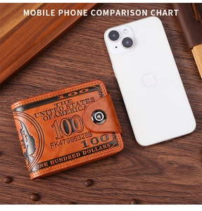Short brown bifold men's wallet with US dollar print next to a phone for size comparison
