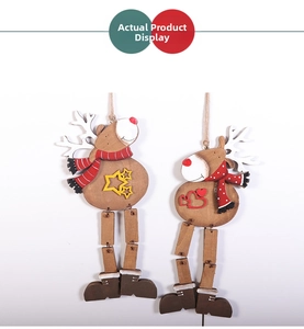 Detail of wooden Christmas reindeer pendants with striped scarves and hanging ropes