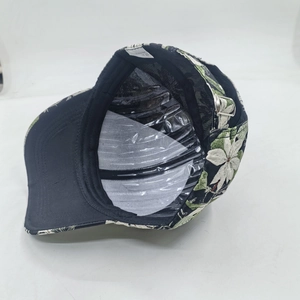 Women's black floral baseball cap with embroidery, interior view and adjustable buckle