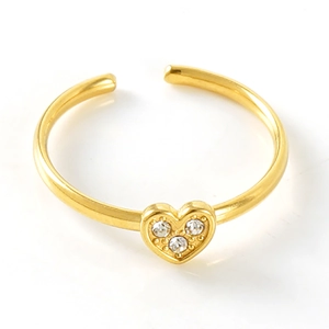 Bague ouverte minimaliste en acier inoxydable 18k avec forme de coeur et trois cristaux